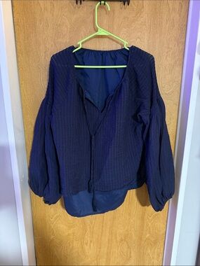 Navy Textured Long Sleeve Tie-Front Blouse